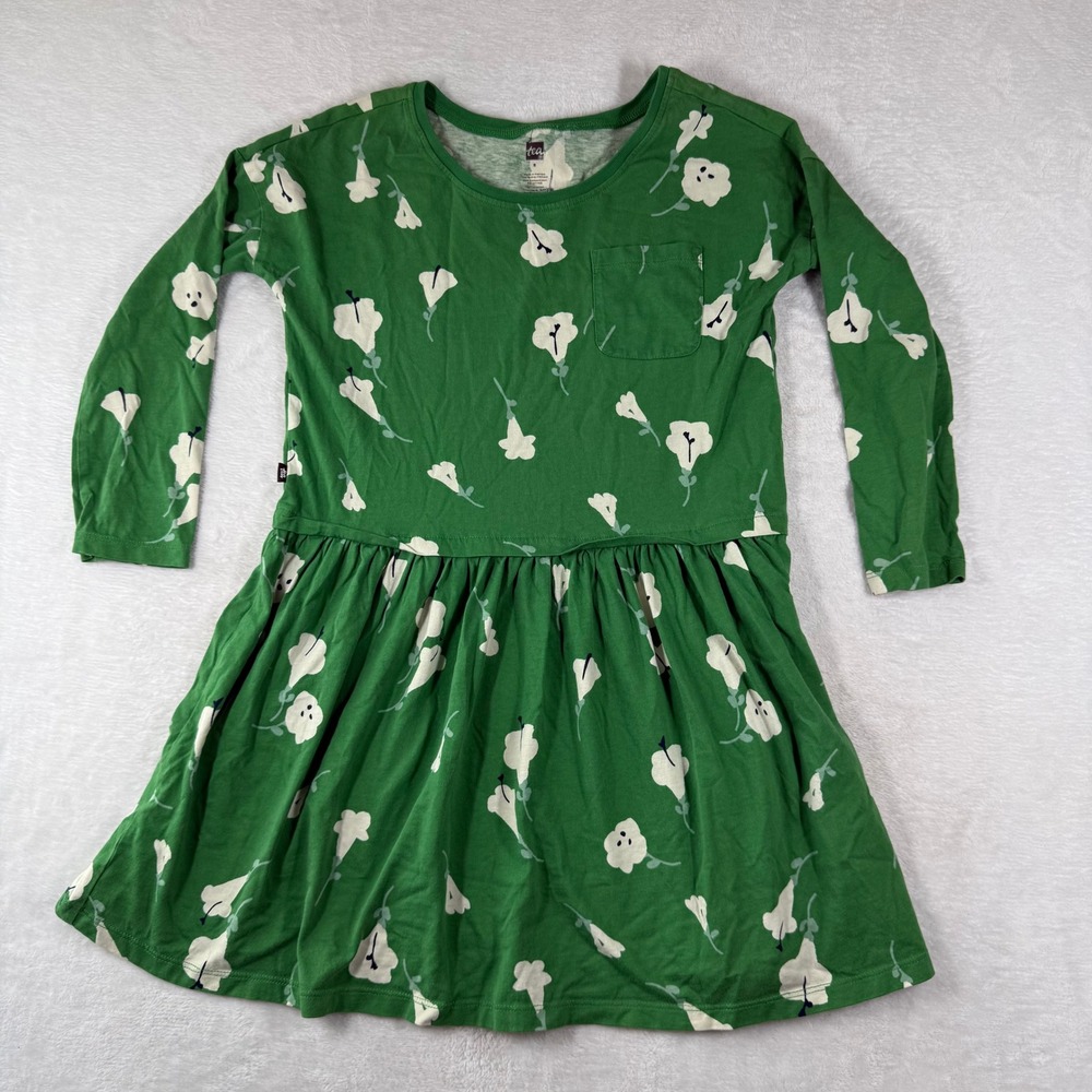 Tea Collection Girls Green‎ Floral Long Sleeve Pocket Dress Size 8 22F12325